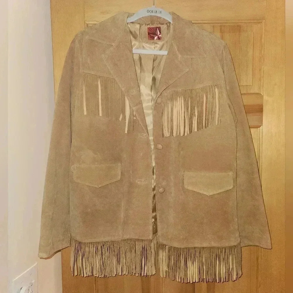 LONESTAR Western Fringe Suede Leather Tan Jacket Women's Sz L Like New - Picture 2 of 3